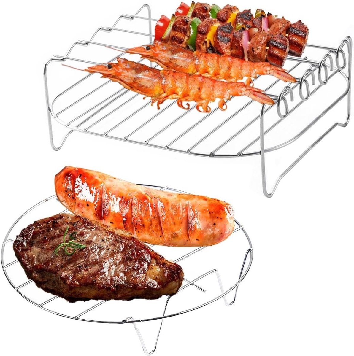 Dubbel Laags RVS Airfryer Grillrek met 4 Spiezen | Extra Ruimte voor Gelijktijdig Bakken en Roosteren in Oven en Magnetron