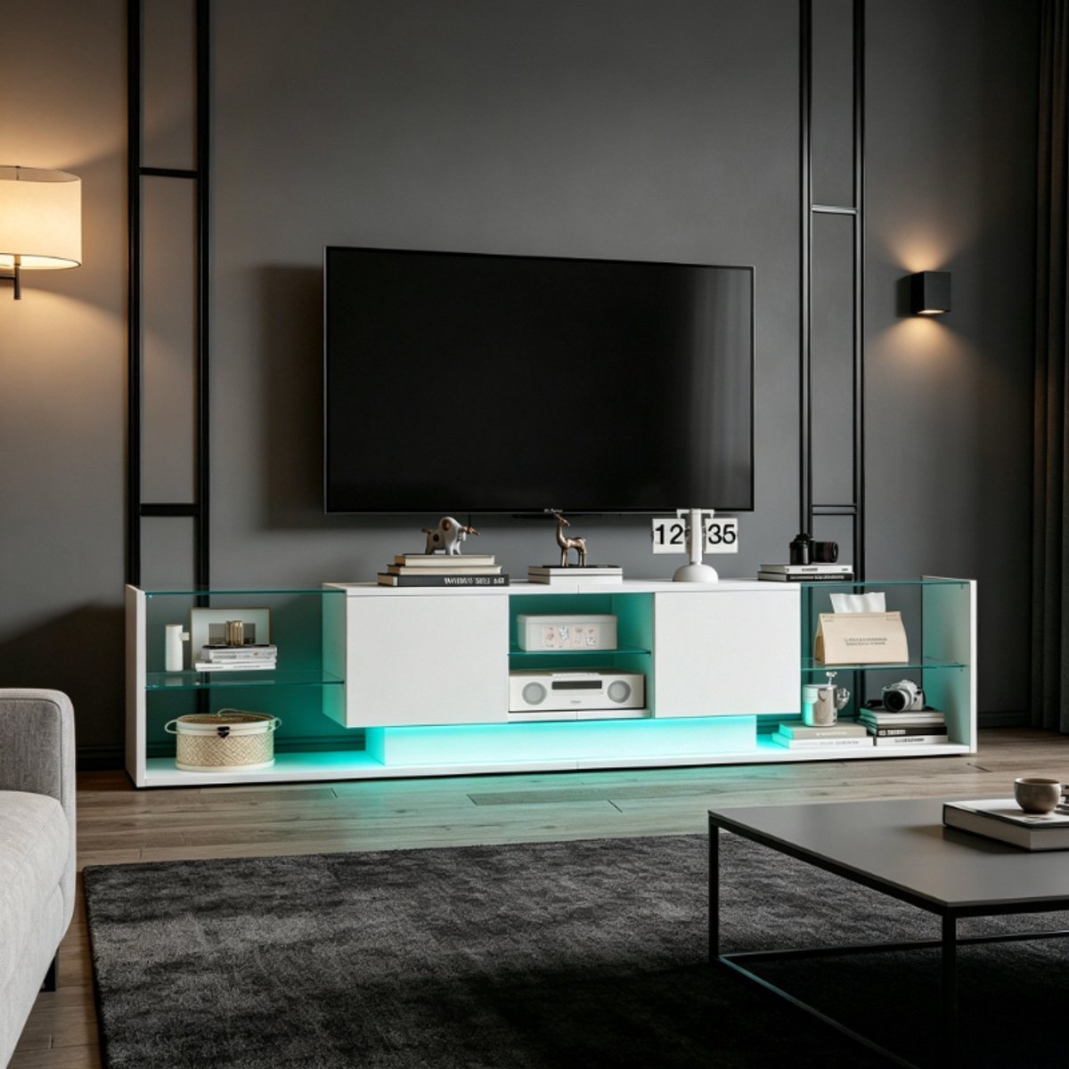 Tv meubel 200x35x45 cm met led verlichting, moderne tv kast voor woonkamer met 2 lades en open opbergvakken, hoogglans design kast van mdf en glas, wit