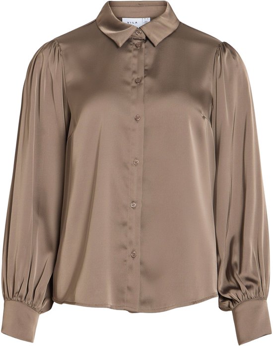 Taupe satijnen blouse met pofmouwen en knoopjes, merk VILA.