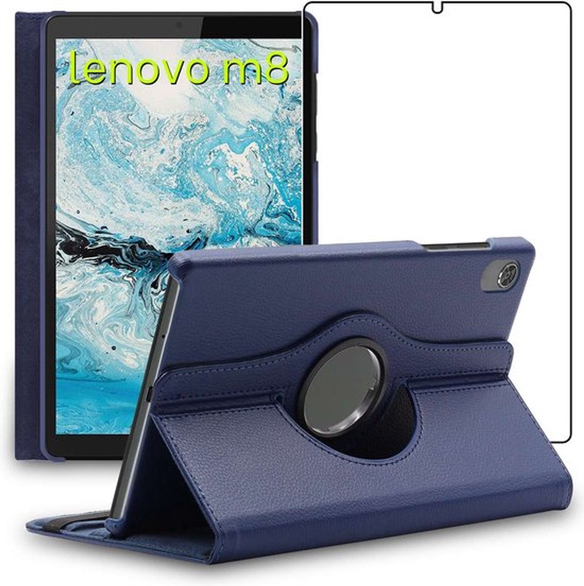 ebestStar - Hoes geschikt voor Lenovo Tab M8 2021 (3rd gen), M8 HD 2019, Roterende Etui, Case, 360° Draaibaar hoesje, Donkerblauw + Gehard Glas