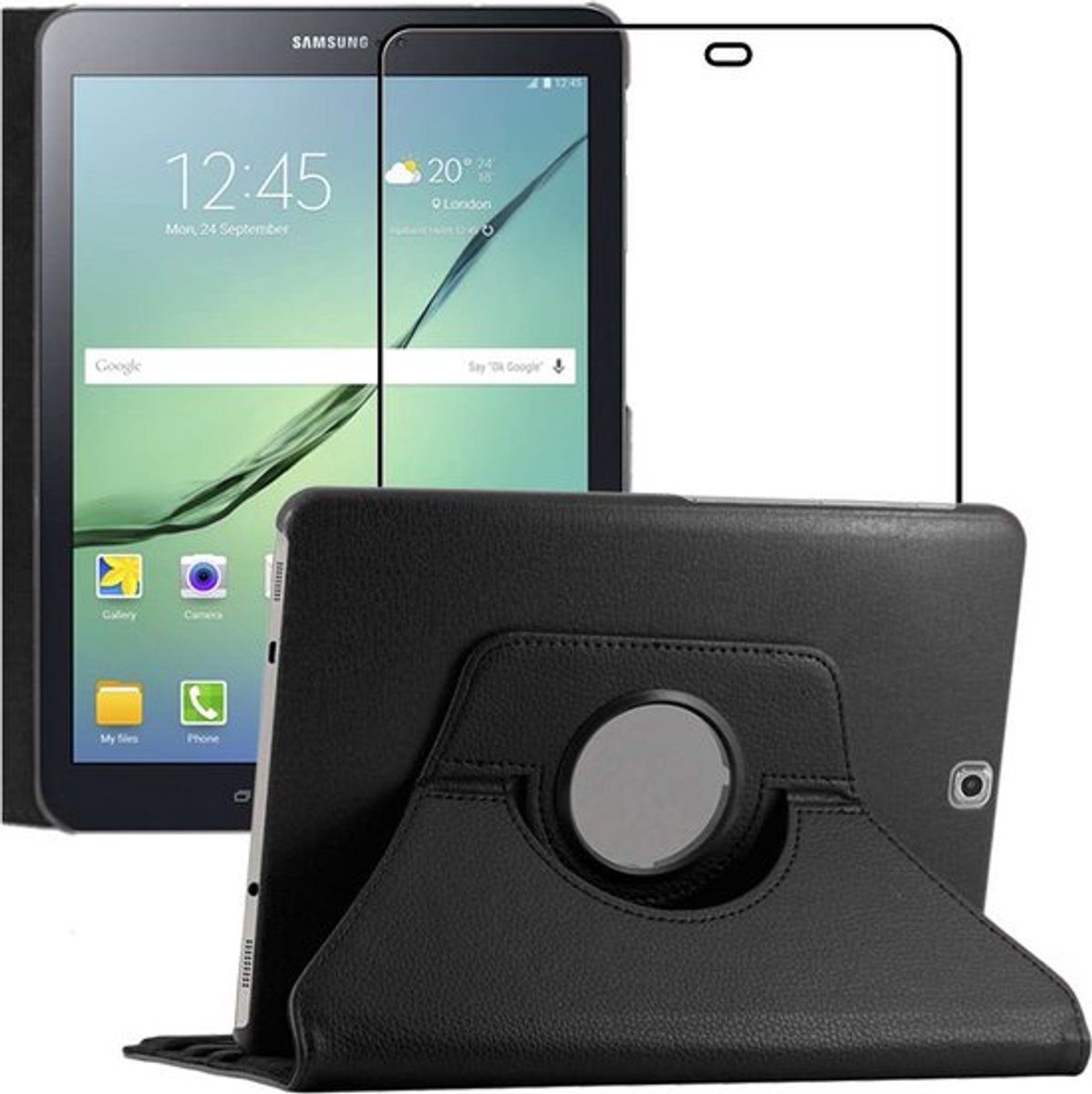 ebestStar - Hoes geschikt voor Samsung Galaxy Tab S2 9.7 SM-T813, T815 T810, Roterende Etui, Case, 360° Draaibaar hoesje, Zwart + Gehard Glas