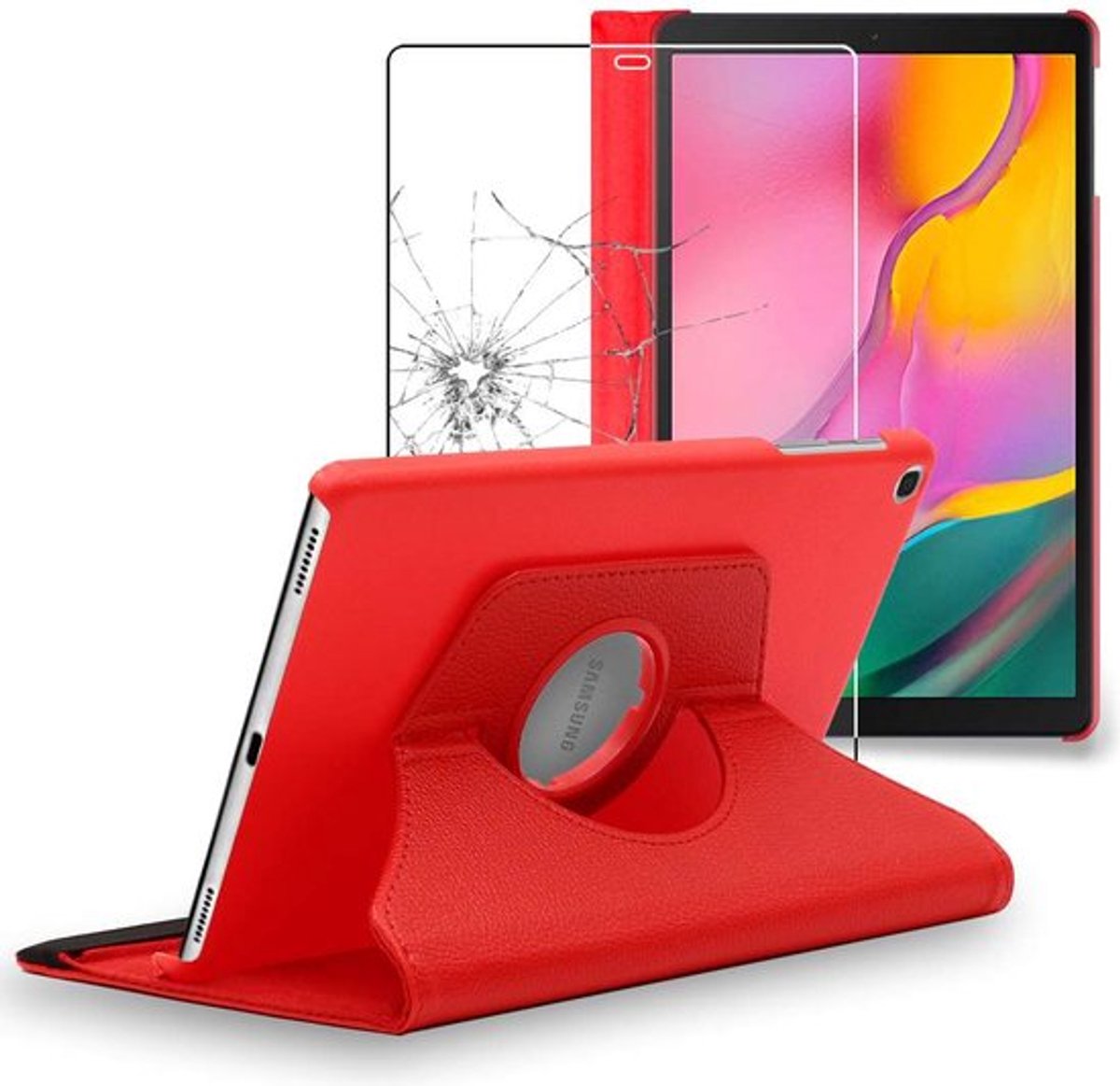 ebestStar - Hoes geschikt voor Samsung Galaxy Tab A 10.1 2019 T510 T515, Roterende Etui, Case, 360° Draaibaar hoesje, Rood + Gehard Glas