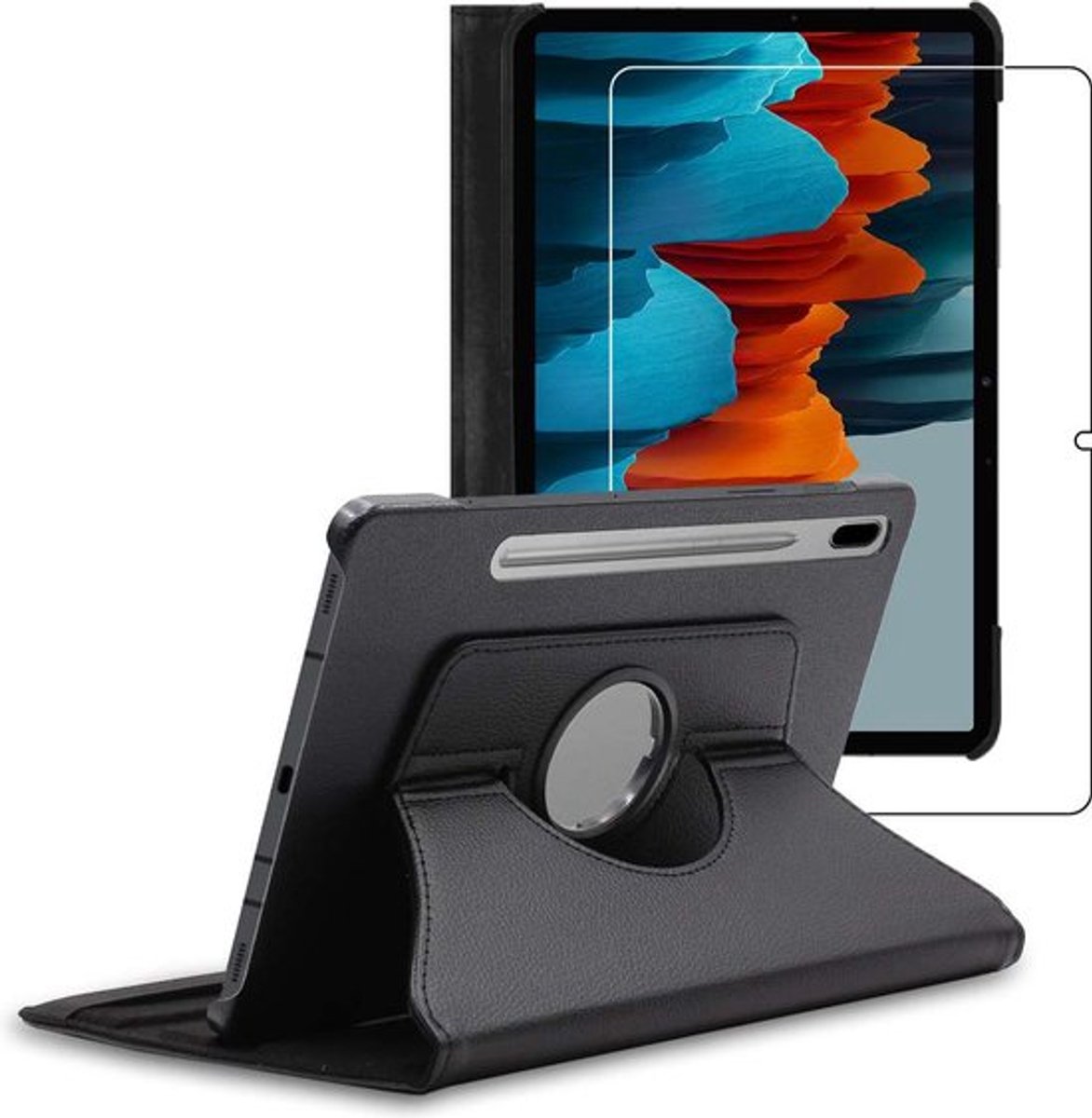 ebestStar - Hoes geschikt voor Samsung Galaxy Tab S7 SM-T870, Roterende Etui, Case, 360° Draaibaar hoesje, Zwart + Gehard Glas