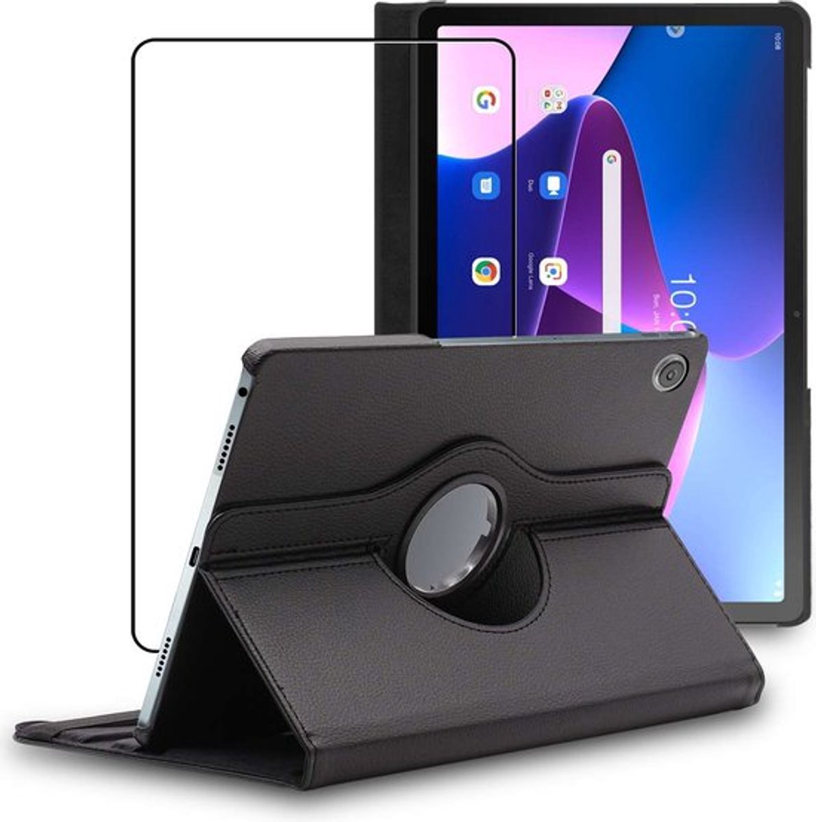 ebestStar - Hoes geschikt voor Lenovo Tab M10 Plus 10.6 (Gen 3), Roterende Etui, Case, 360° Draaibaar hoesje, Zwart + Gehard Glas