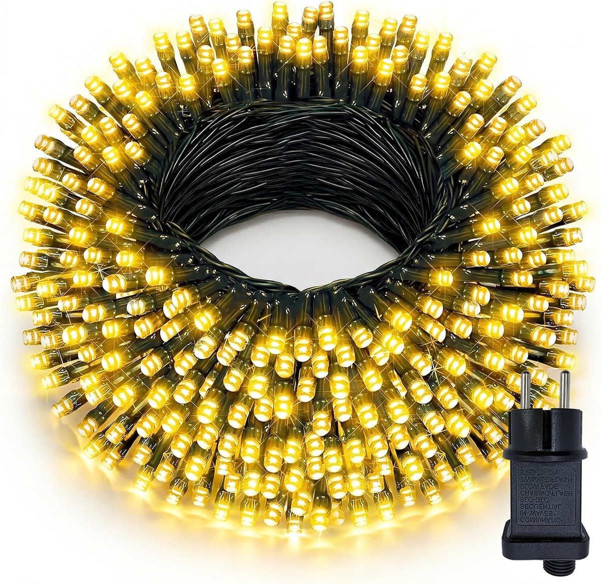 SnelShoppen - 60m 600 LED Warm Witte Buiten Sfeerlampen met Stekker, 8 Modi, Waterdicht IP44, Donkergroen Kabel, Ideaal voor Tuin, Feest, Kerst en Bru