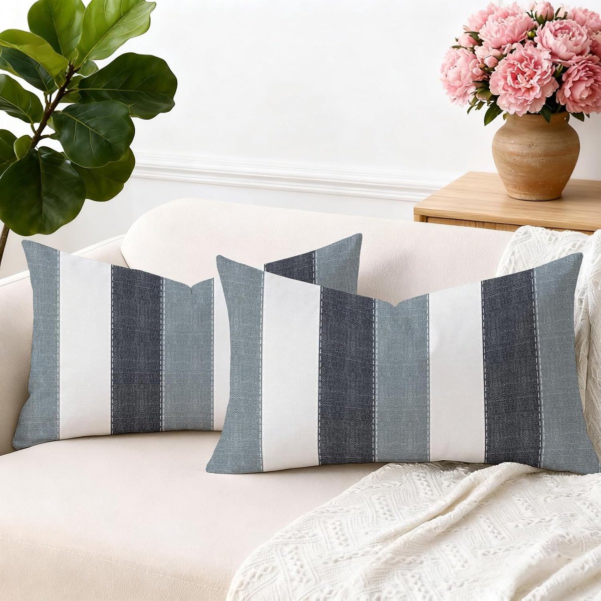 SnelShoppen - Decoratieve Kussenhoezen 30 x 50 cm met 2 Strepen - Modern Wit met Zwart en Grijs Linnen - Retro Kussen Covers voor Bank, Tuin, Kamer, F