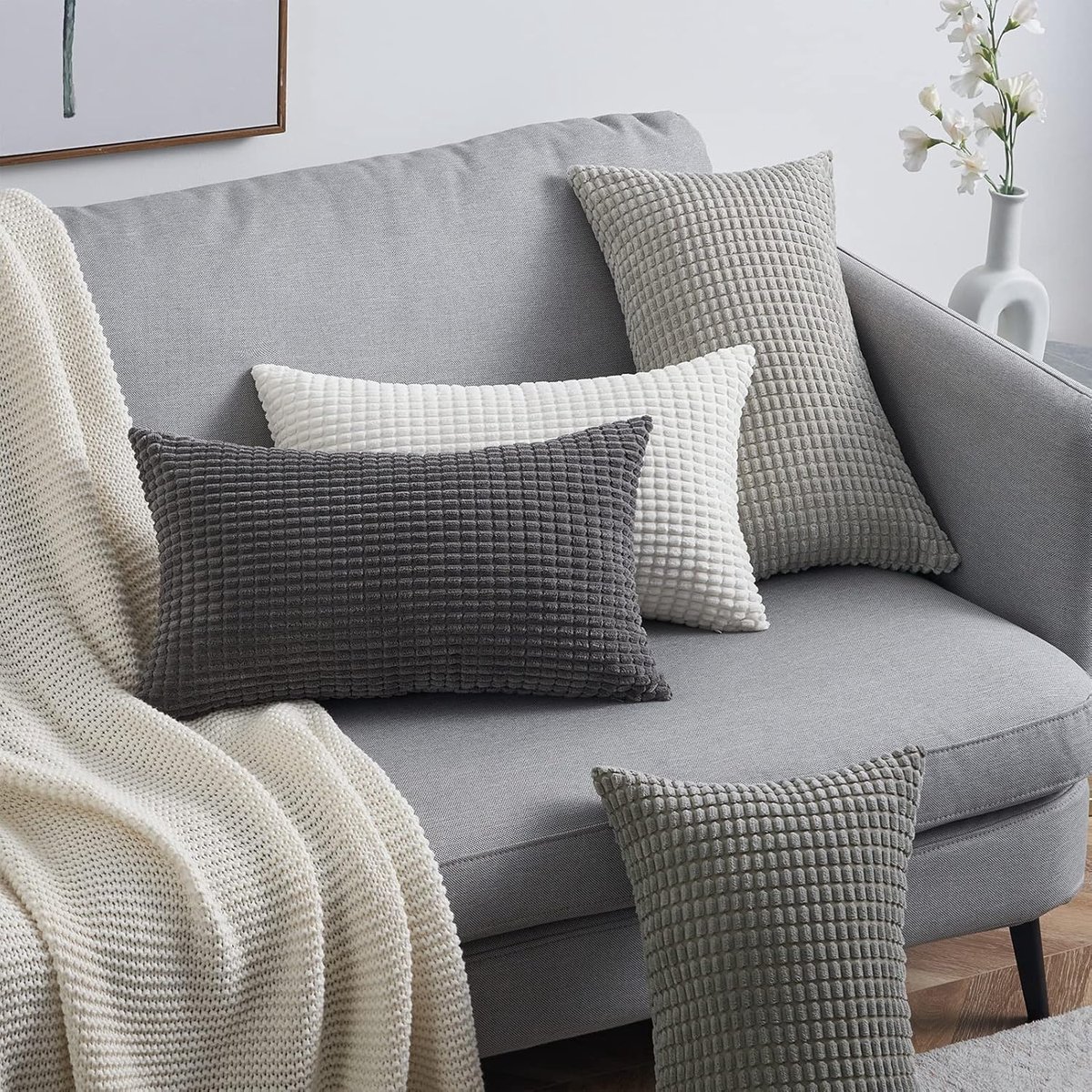 SnelShoppen - Set van 4 Fluffy Corduroy Kussenslopen 30x50 cm - Zachte Velvet Kussens voor Sofa, Slaapkamer, Kinderen, Balkon - Grijs - Duurzaam en Mi