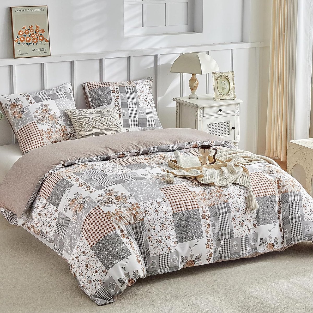SnelShoppen - Duvet Cover 200 x 200 cm met 2 Kussenslopen 65 x 65 cm - Bohemian Patchwork Bloemenpatroon - 100% Microfiber Bedlinnen Khaki - Ideaal vo