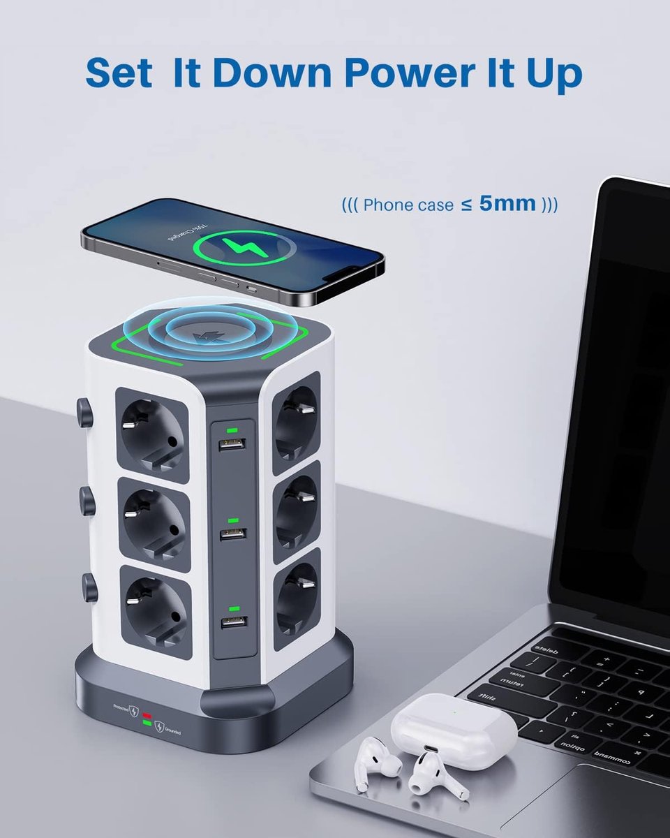 SnelShoppen - Socket Tower met 15W Draadloze Oplader, 12 Stopcontacten, 6 USB Poorten, 2m Kabel, Grijs, Voor Thuis, Kantoor en Keuken