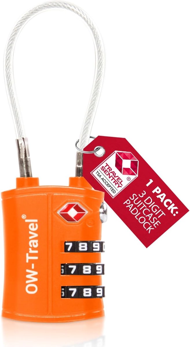 SnelShoppen - TSA Hangslot Kabelslot 3-Cijferig, Kofferslot, Bagageslot Oranje, Duurzaam Zinklegering, Ideaal voor Reis, Vakantie, Rugzak, Gymkluisje