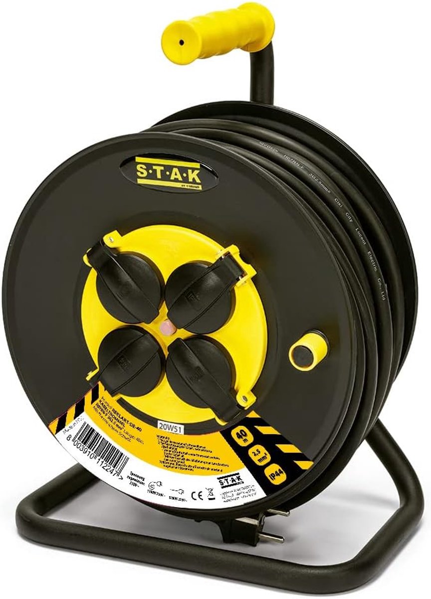 SnelShoppen - Professionele Elektrische Kabelhaspel 40M met 4 IP44 Stopcontacten en Schuko Stekker, H07RN-F3G2.5MM2, Waterdicht, Tuin, Klussen, Bouwpl