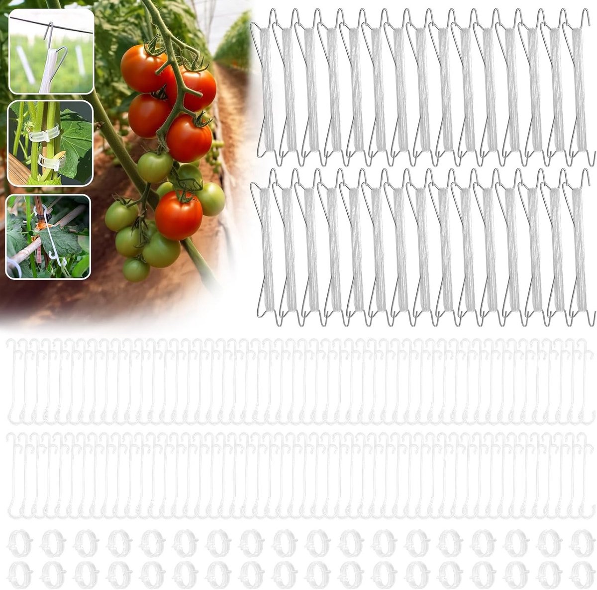 30 Stuks Tomatenplant Steunclips met Touw, Ideaal voor Klimplanten zoals Tomaten en Komkommers, Inclusief 10 Meter Touw voor Optimale Ondersteuning