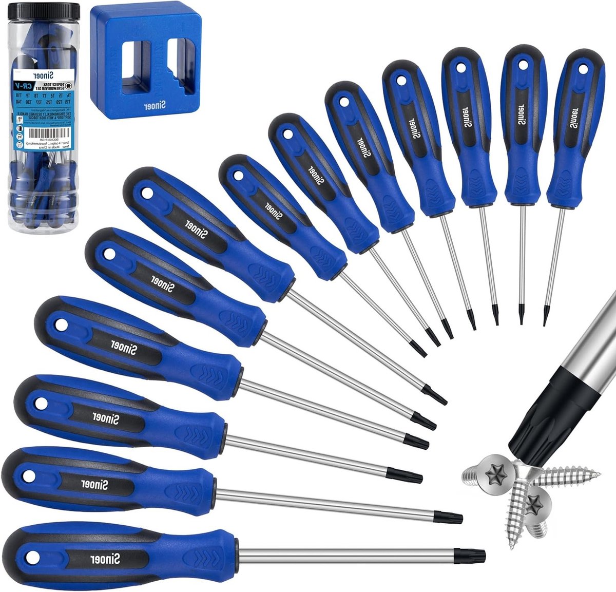 Sinoer 14-delige magnetische Torx schroevendraaierset, chroom-vanadium-staal, T4 - T40 magnetische sterschroevendraaierset, professioneel reparatiegereedschap
