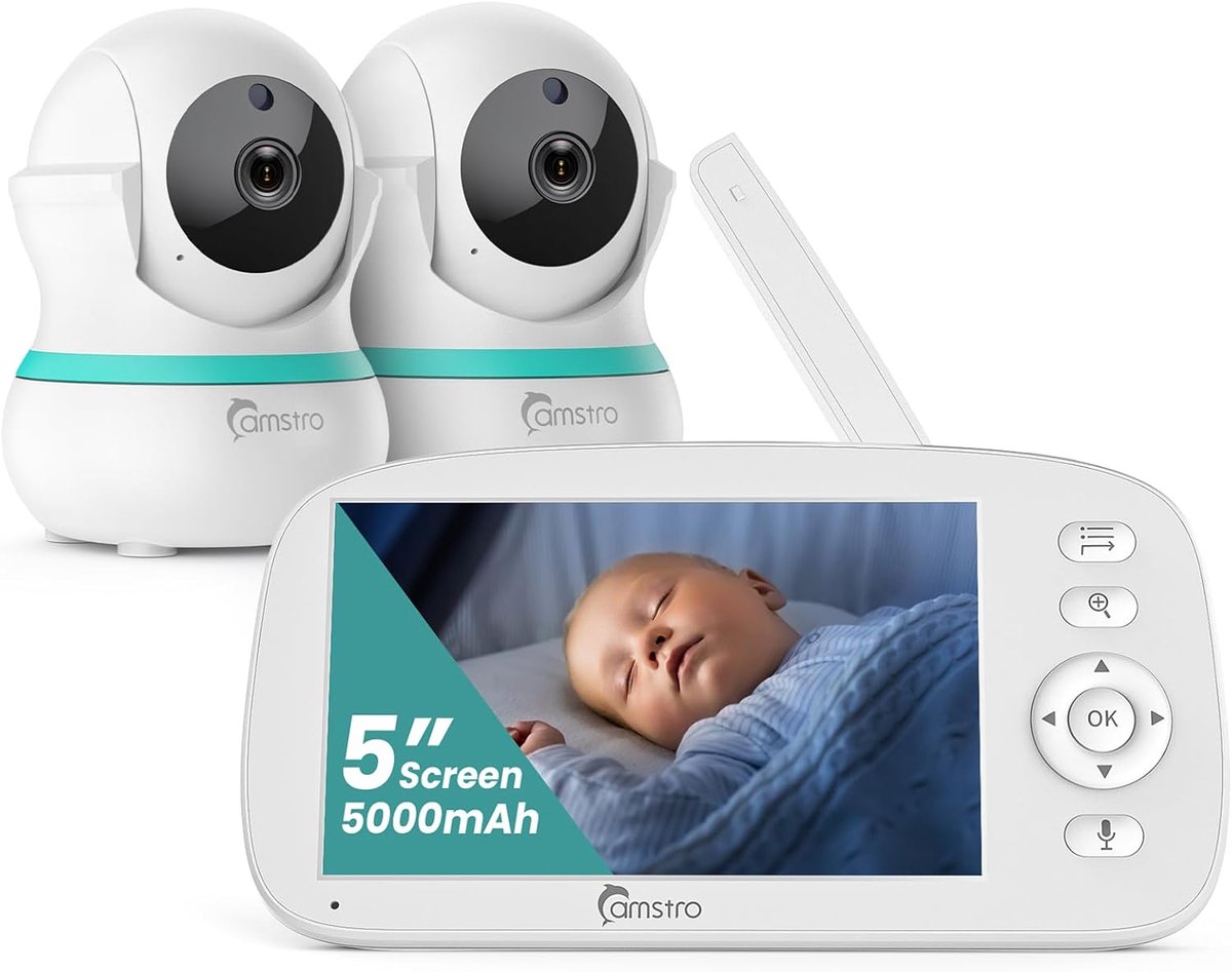 Thijox - Babyfoon met 2 Camera's, 5000 mAh Batterij, 5 Inch Scherm, 355° Zwenk, 4x Zoom, Babyfoon Zonder Wifi, 2-Weg Audio, Huilen/Geluidherkenning, N