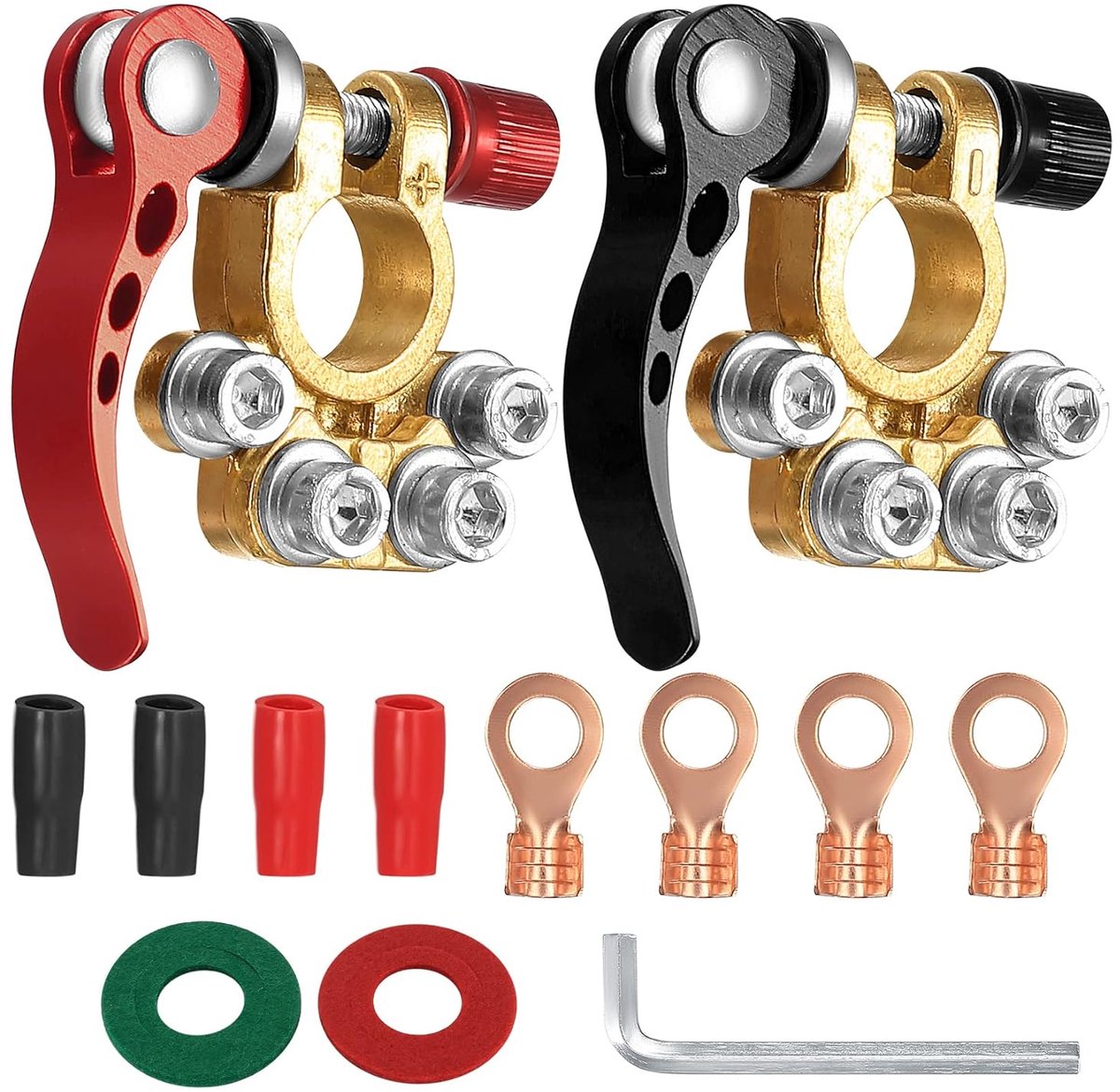 SnelShoppen - Pack van 2 Accuklemmen, 4-Weg 12V/24V, Positieve en Negatieve Aansluiting, Voor Auto, Vrachtwagen, Bus, Caravan, Motorhome (Hexa Sleutel
