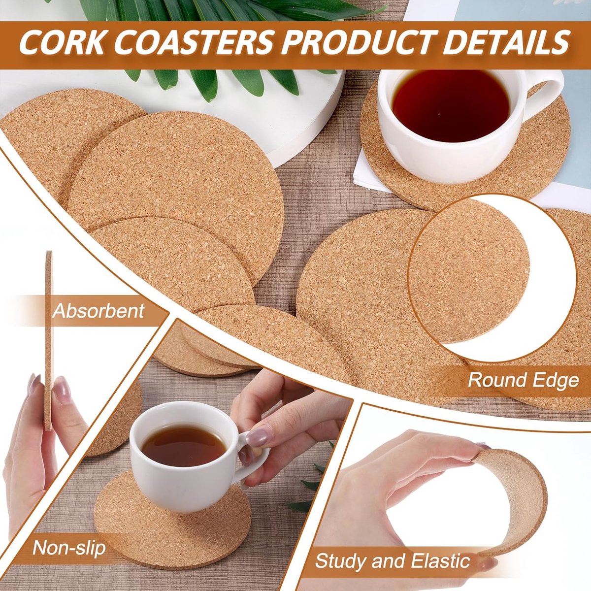 SnelShoppen - Set van 20 Kurken Coasters, Rond, Glazen, 10 cm × 3 mm, Herbruikbare Kurken Onderzetters voor Thuis, Restaurant, Kantoor, Feest, Keuken