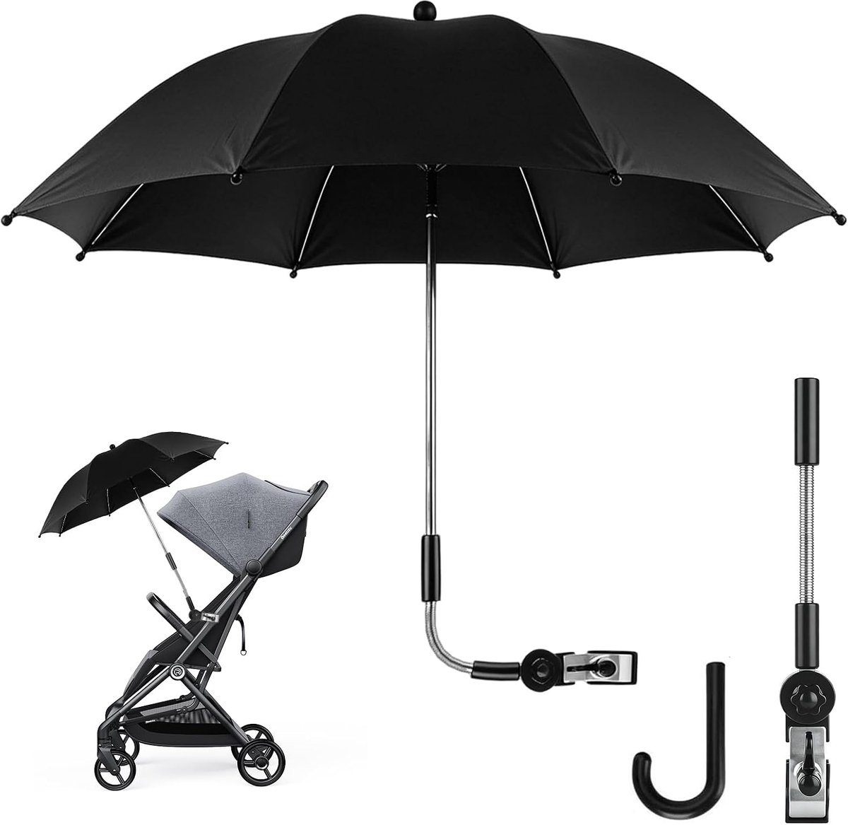 Thijox - Universele parasol voor kinderwagen - UV-bescherming UPF50+, 75 cm kinderwagen parasol, regenscherm, zonwering, ideaal voor zon en regen, vei