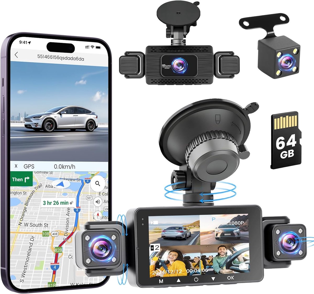 Thijox - 4K+1080P Dashcam Auto met 5GHz WiFi, 64GB SD-kaart, 3" IPS-scherm, 170° groothoek, G-sensor, nachtzicht en lusopname voor optimale autobewaki