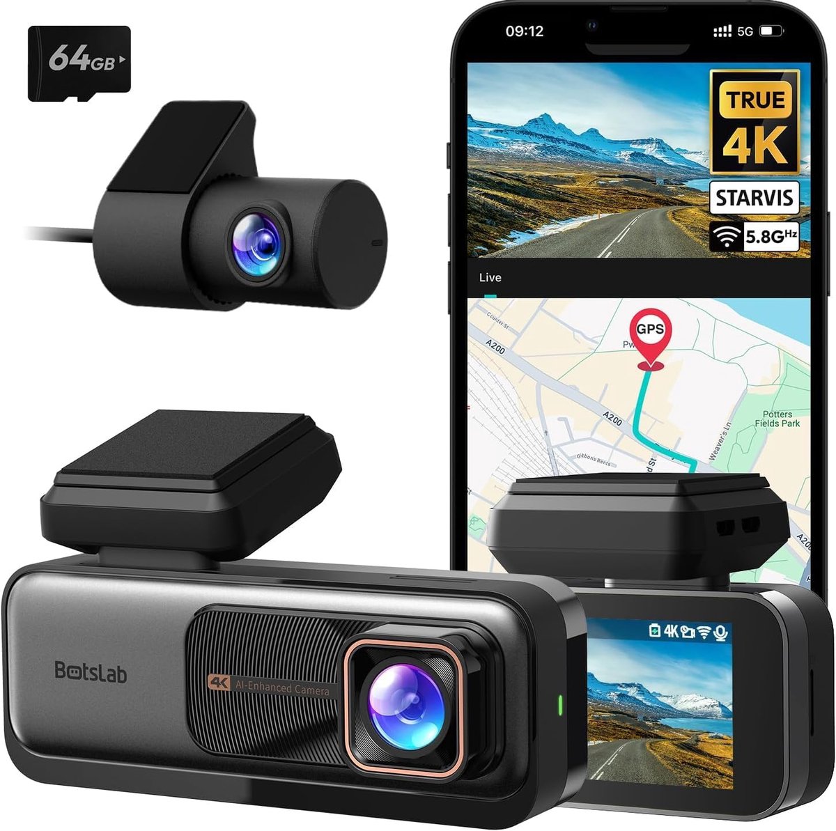 Thijox - 4K Dashcam Auto Achter Met GPS en WiFi, Dubbele Autocamera, 64GB SD Kaart, ADAS, Nachtzicht, 170° Groothoek, WDR, 2.45" IPS, 24/7 Parkeercont