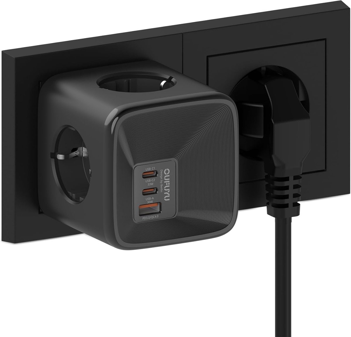 SnelShoppen - Cube Power Strip 7-in-1 met 4 Sockets en 33W USB Charger, Muurstekker met 4000W Snelladen, 2 USB-C en 1 USB-A Poort, Zwart voor Thuis, K