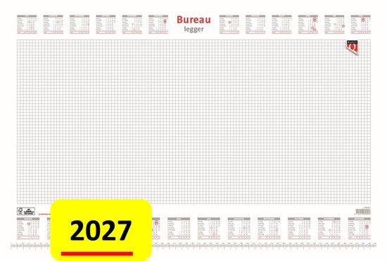 Bureauonderlegger 2027 met raster, "Bureau legger" tekst en kalenders bovenaan en onderaan.