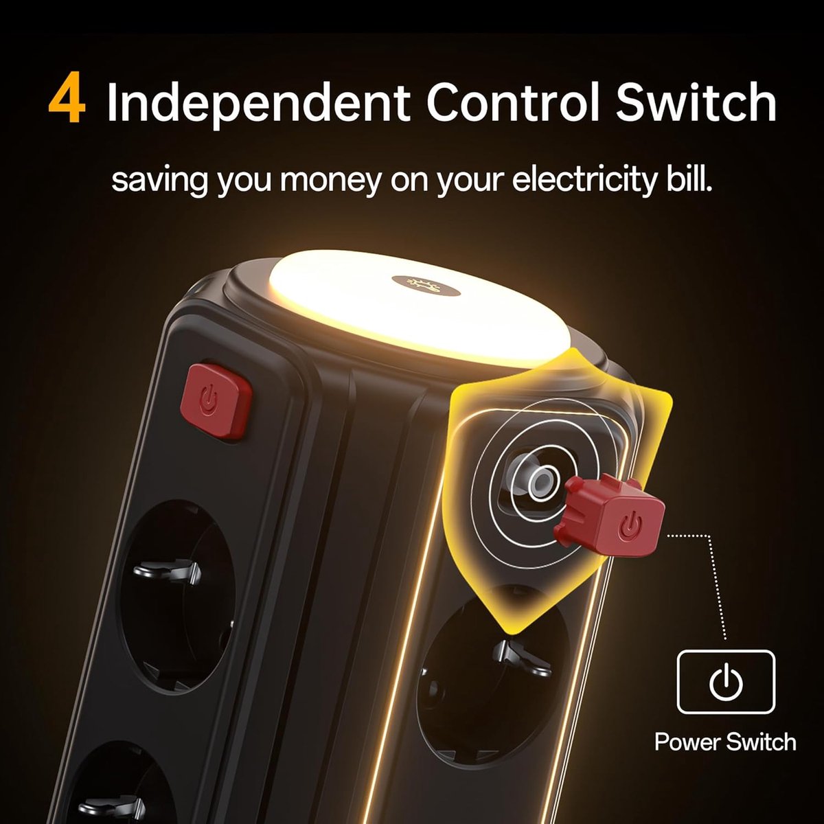 SnelShoppen - Stekkerdoos met 8 Stopcontacten en 4 USB Poorten met Licht, Meervoudige Stekkerdoos met Overspanningsbeveiliging, 4 Afzonderlijke Schake