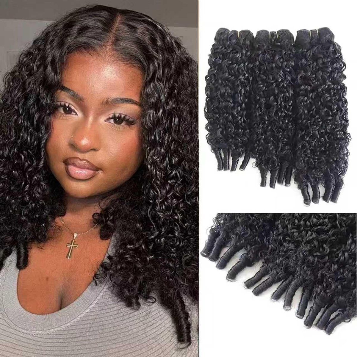SnelShoppen - Burmese Curly Bundles Menselijk Haar 14 16 18 Inch Water Wave 3 Bundels Onverwerkt Braziliaans Maagd Haar met Spiralen voor Vrouwen Natu