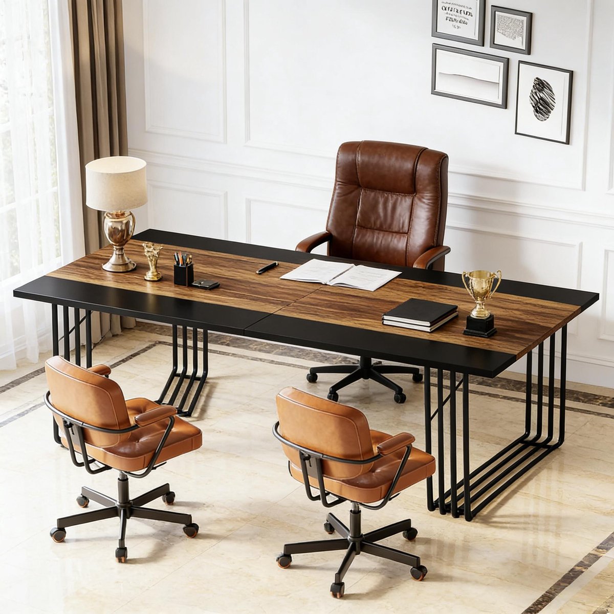 DESMIU Eettafel - Rechthoekige Tafel Voor Vergaderen En Werken - Veelzijdig Voor Kantoor En Eetkamer - MDF En Metaal - 200x100x75 Cm - Zwart Rustiek Bruin
