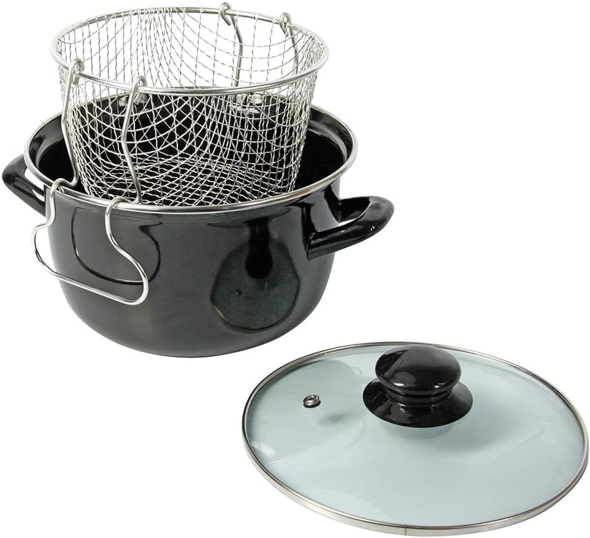 SnelShoppen - Traditionele Frituurpan 26 cm - Emaille Staal met Mand en Glazen Deksel - Voor Perfect Gouden en Knapperige Frieten - Geschikt voor Alle