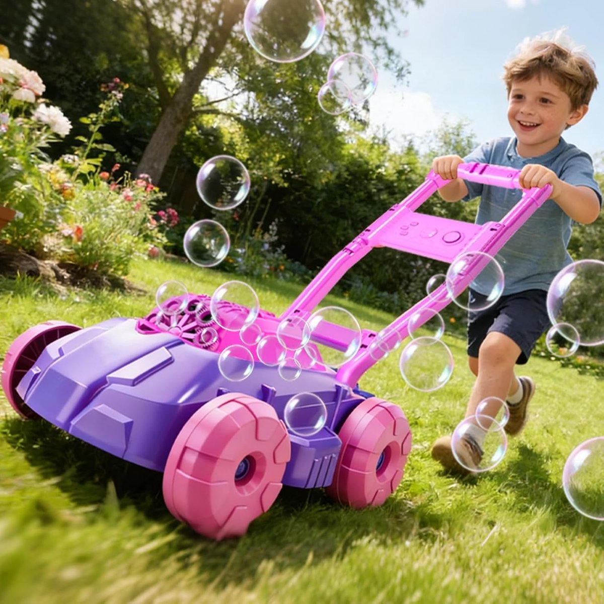 SnelShoppen - Bellen Grasmaaier met Muziek, Morsvrij Ontwerp, 5000+ Bellen/Min, Tuinspeelgoed voor Kinderen 3-6 Jaar, Binnen en Buiten, Paars