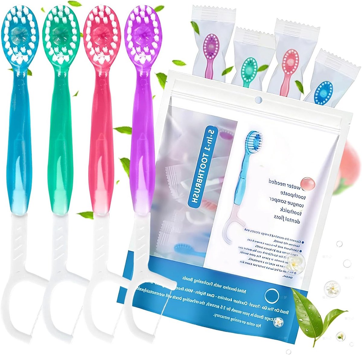 Mini Tandborstels voor Onderweg - 26 Stuks Wegwerp Tandborstel met Tandpasta, Tongschraper, Tandenstoker en Flosdraad, Ideaal voor Reizen en Hygiëne