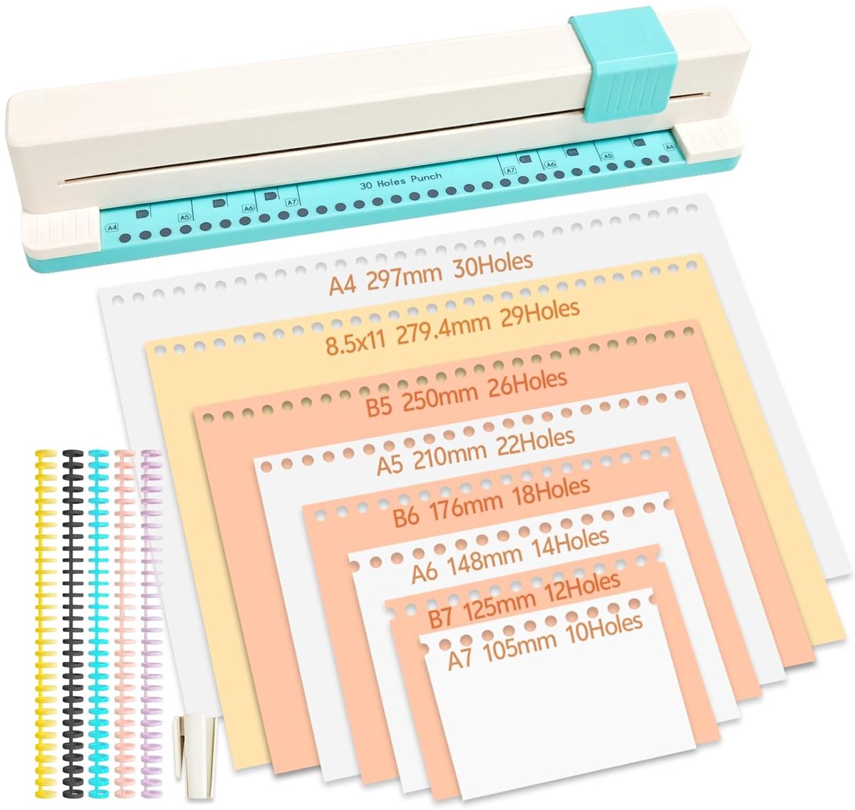 SnelShoppen - 30-Gats Perforator met 30-Gats Bindingringen (5 Stuks) en Ringopener - Geschikt voor A4, A5, A6, A7 - Perfect voor Notitieboeken en Scra