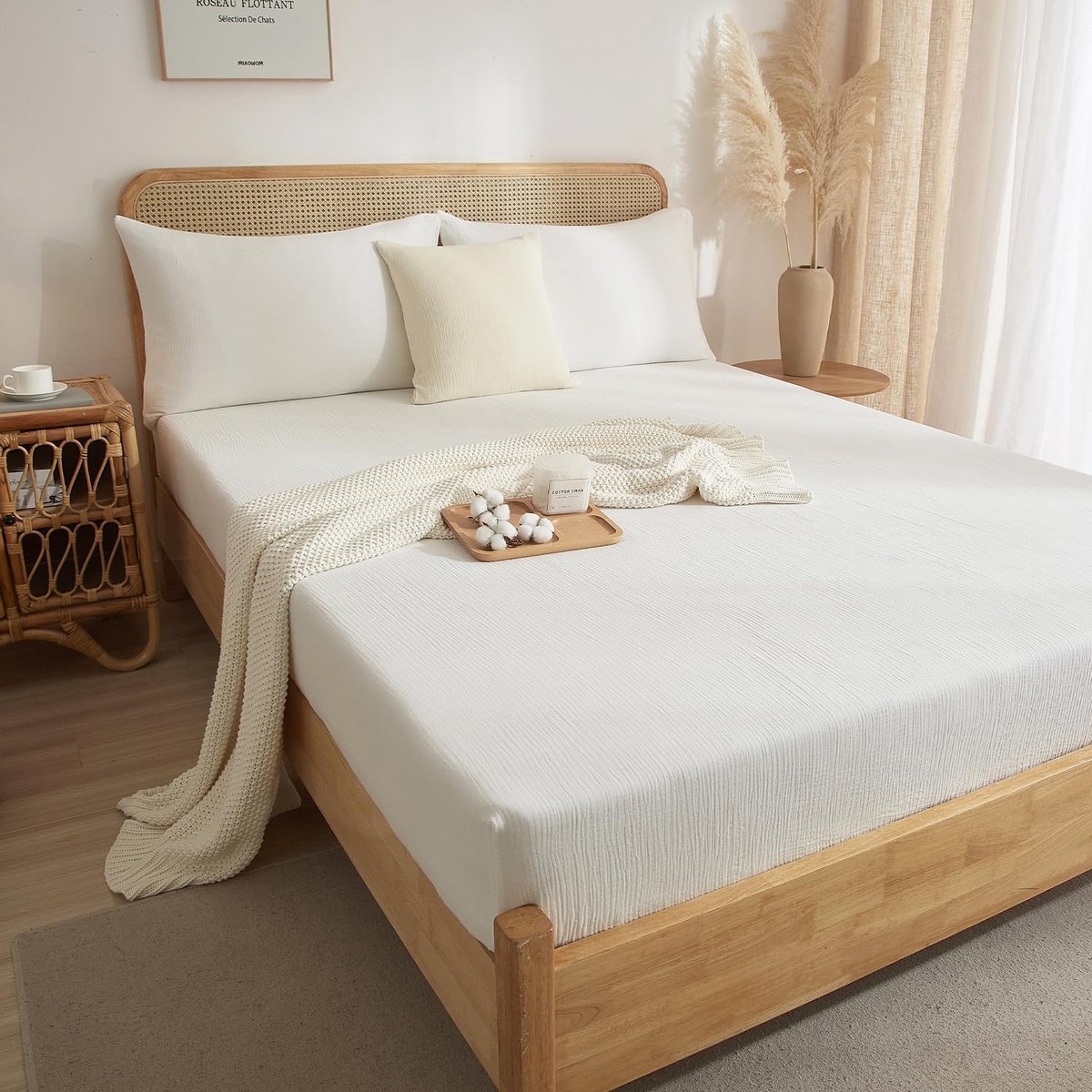 SnelShoppen - Muslin Fitted Sheet 180 x 200 cm - Wit Katoenen Hoeslaken voor Tweepersoonsbed - Geschikt voor Matras tot 30 cm Hoog - Ademend en Comfor