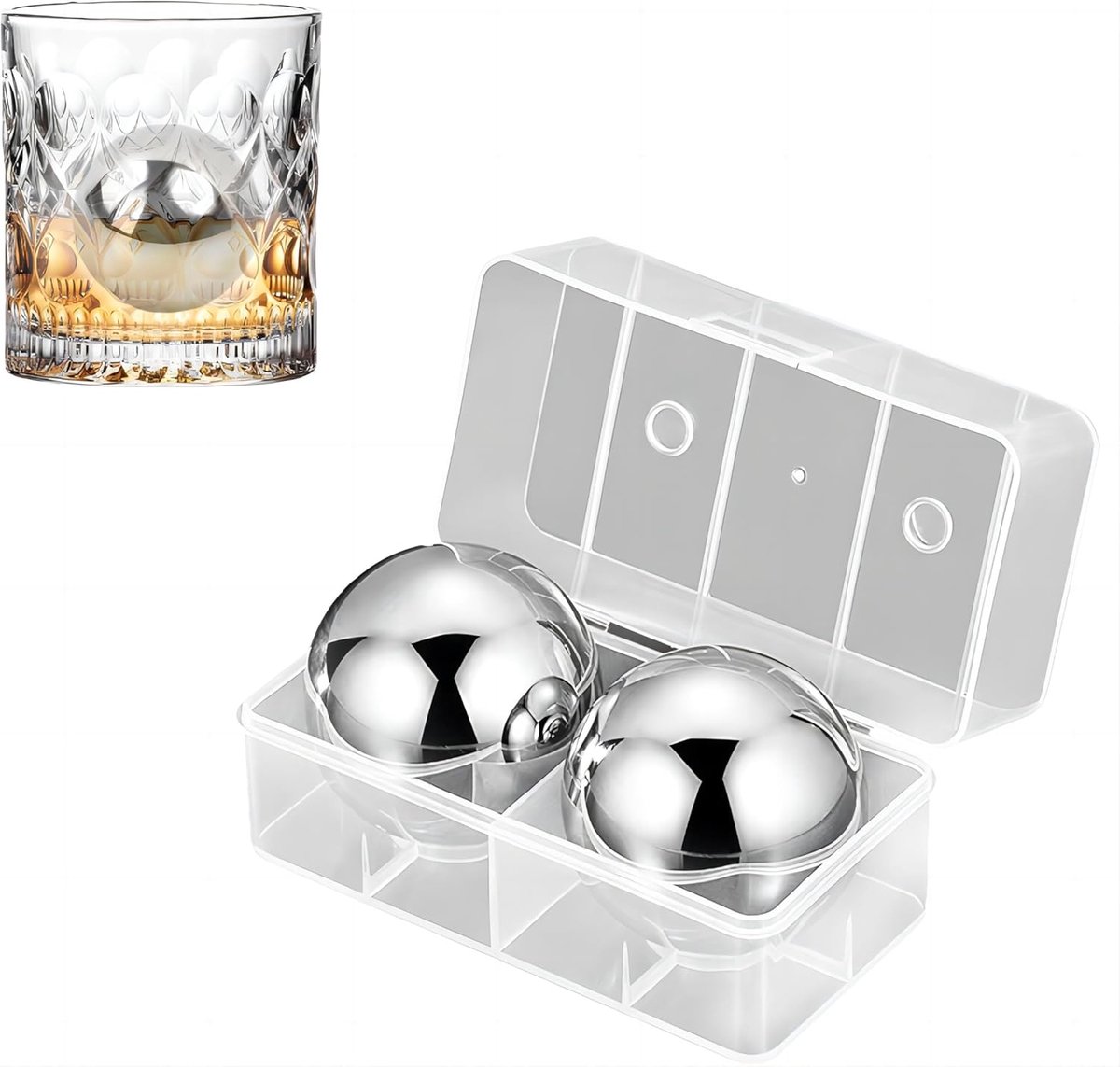 SnelShoppen - 2pcs 55mm Ronde RVS IJsballen, Herbruikbare Koelstenen voor Whisky, Cocktails, Bier en Wijn, Perfecte Geschenkset voor Vader of Echtgeno