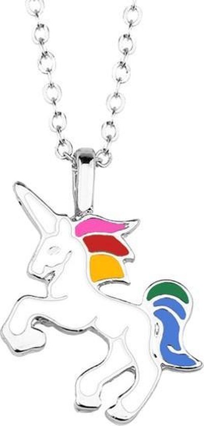 Zilverkleurige ketting met een witte eenhoorn hanger, met regenboogkleurige manen en staart.