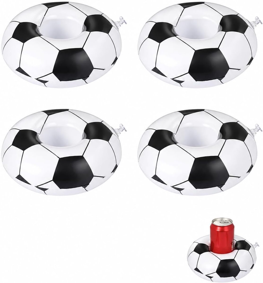 SnelShoppen - Zwembadbekerhouders 4 stuks - Opblaasbaar Voetbaldesign - Sterk en Antislip voor Feestjes, Strand en Whirlpool - Inclusief Pomp