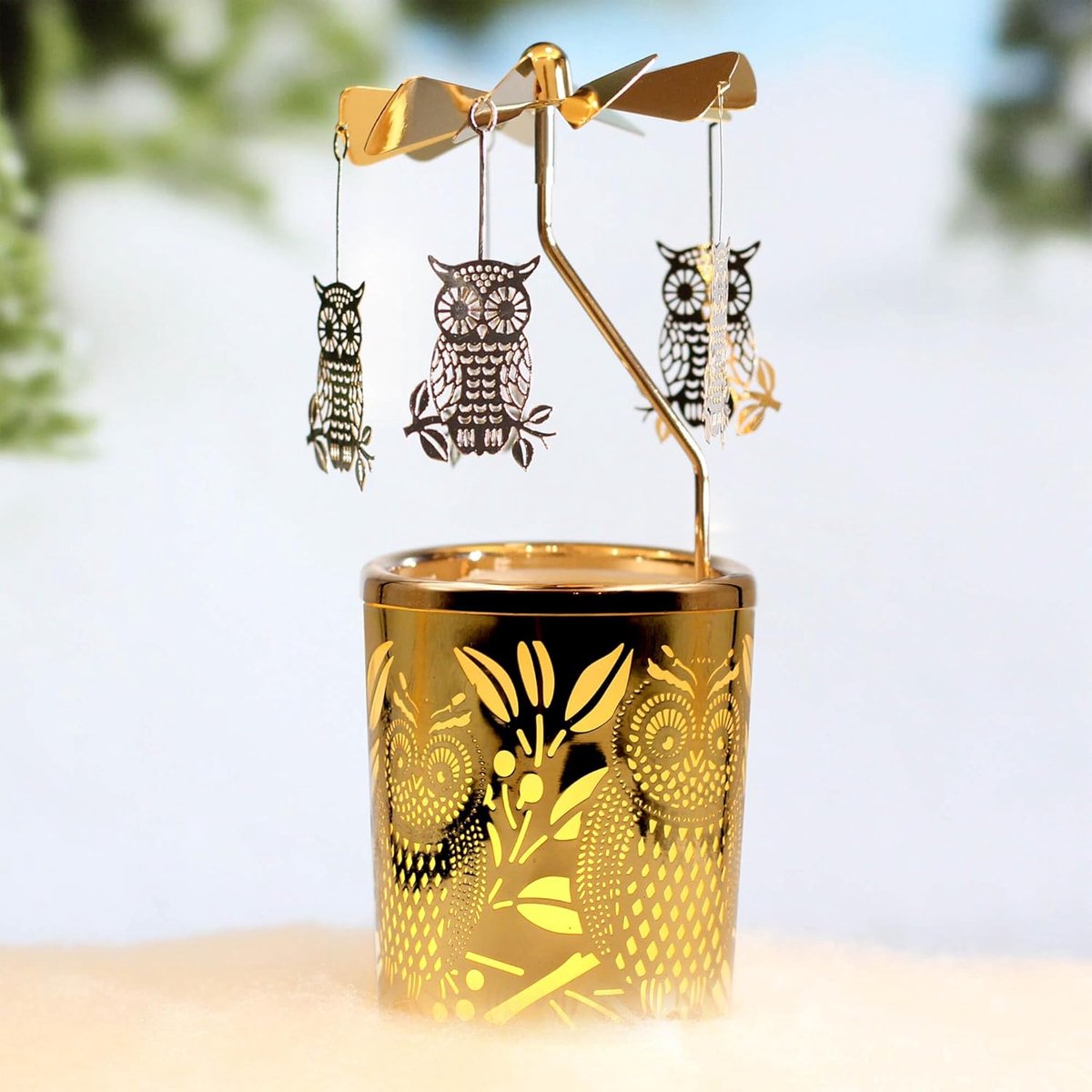 SnelShoppen - Rotating Candle Holders Spinning Tealight Holder met Decoratieve Liefde Uil & Ginkgo Sterren - Frosted Glas - Goud/Zilver - Perfect voor