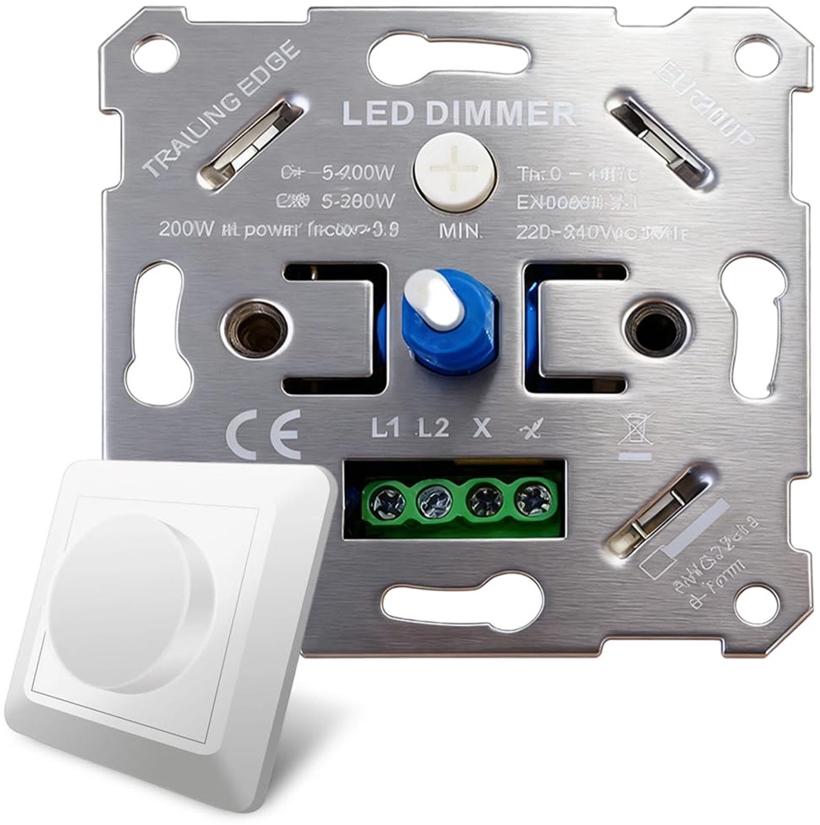SnelShoppen - LED Dimmer 230V, Dimbare Wisselaar met Draai Knop voor Halogeen en LED Lampen, Stevige Witte Afdekkap, 5-200W, Universeel voor Thuisgebr