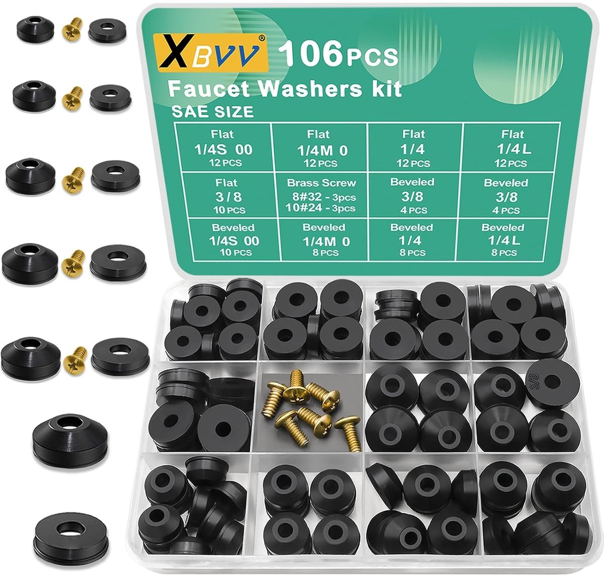SnelShoppen - 106-delige Waterkraan Wasring Set - Diverse Platte en Geleide Rubber Ringen - Voor Buitenkranen - Reparatie en Onderhoud - Inclusief Mes