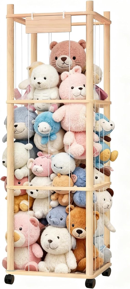 SnelShoppen - Plush Opslag - Houten Kinderen Knuffeldieren Opbergwagen met 360° Rem, Dierlijke Opberger voor Kinderkamer, Speelkamer, Woonkamer, 136x4