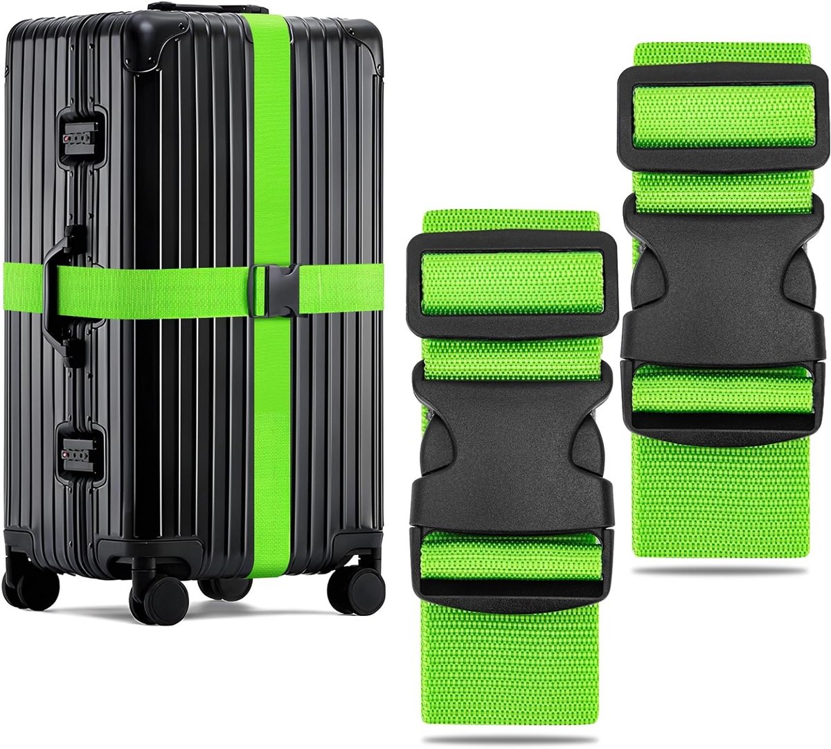 Verstelbare en Robuuste Kofferbanden, 2 Stuks, Luggage Strap tot 250 cm, Ideaal voor Veilig Reizen en Vliegtuigvervoer (Groen)