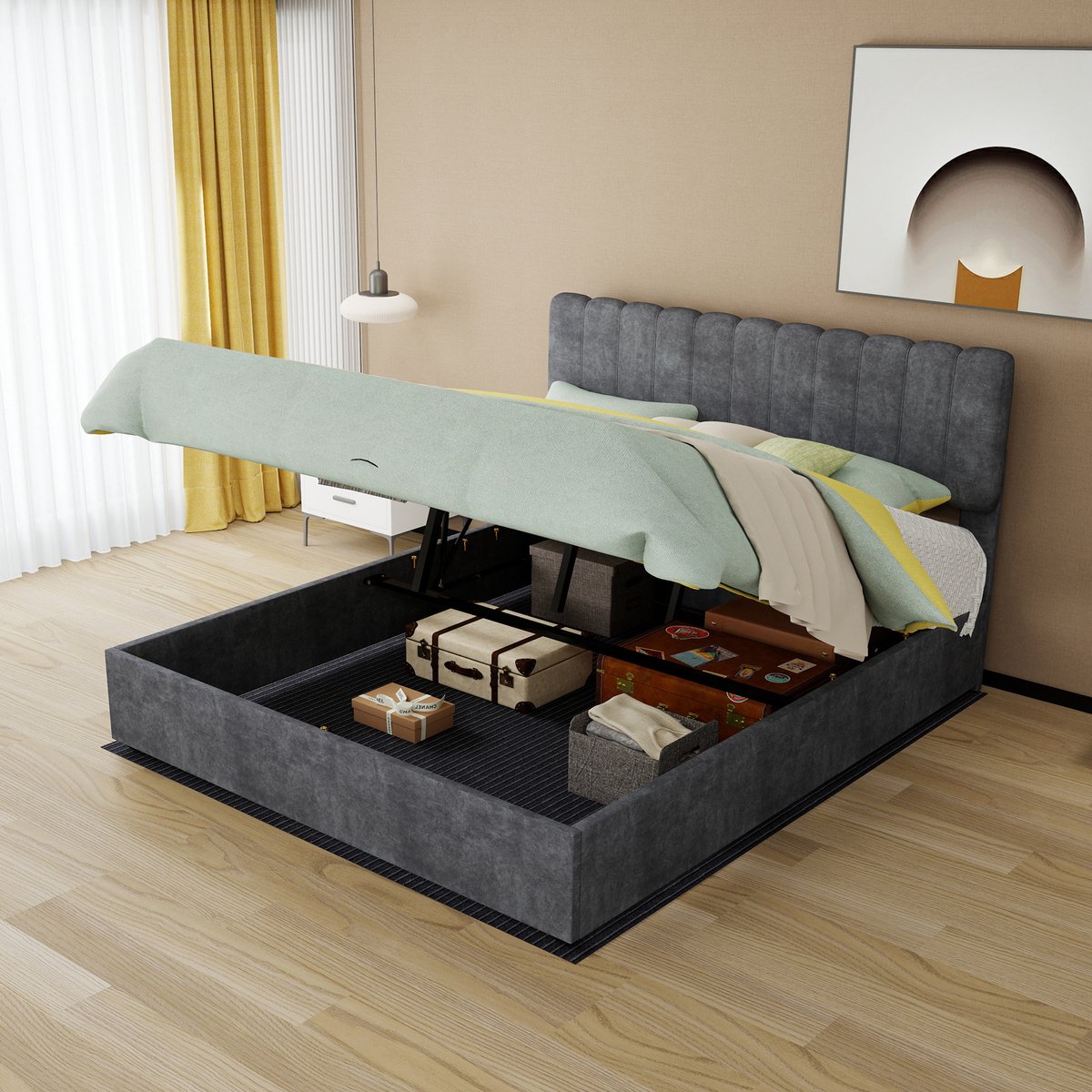 Gestoffeerd Bed 160x200 cm - Tweepersoons Opbergbed Met Gaslift En Hoge Hoofdbord - Zonder Matras - Lattenbodem - Stof - Grijs