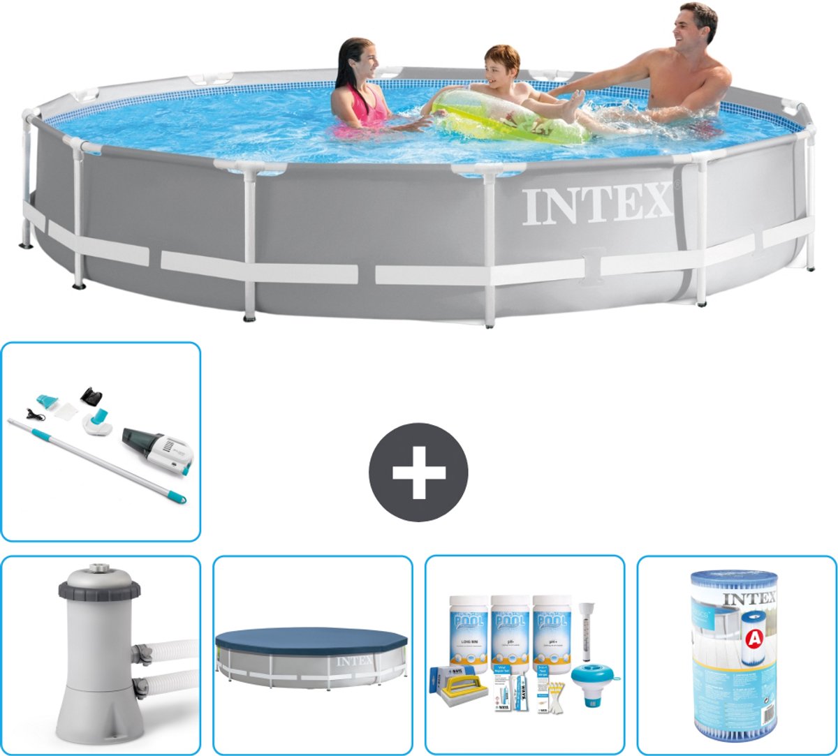 Intex Rond Prism Frame Zwembad - 366 x 76 cm - Grijs - Inclusief Pomp - Afdekzeil - Onderhoudspakket - Filter - Stofzuiger - 6-delig
