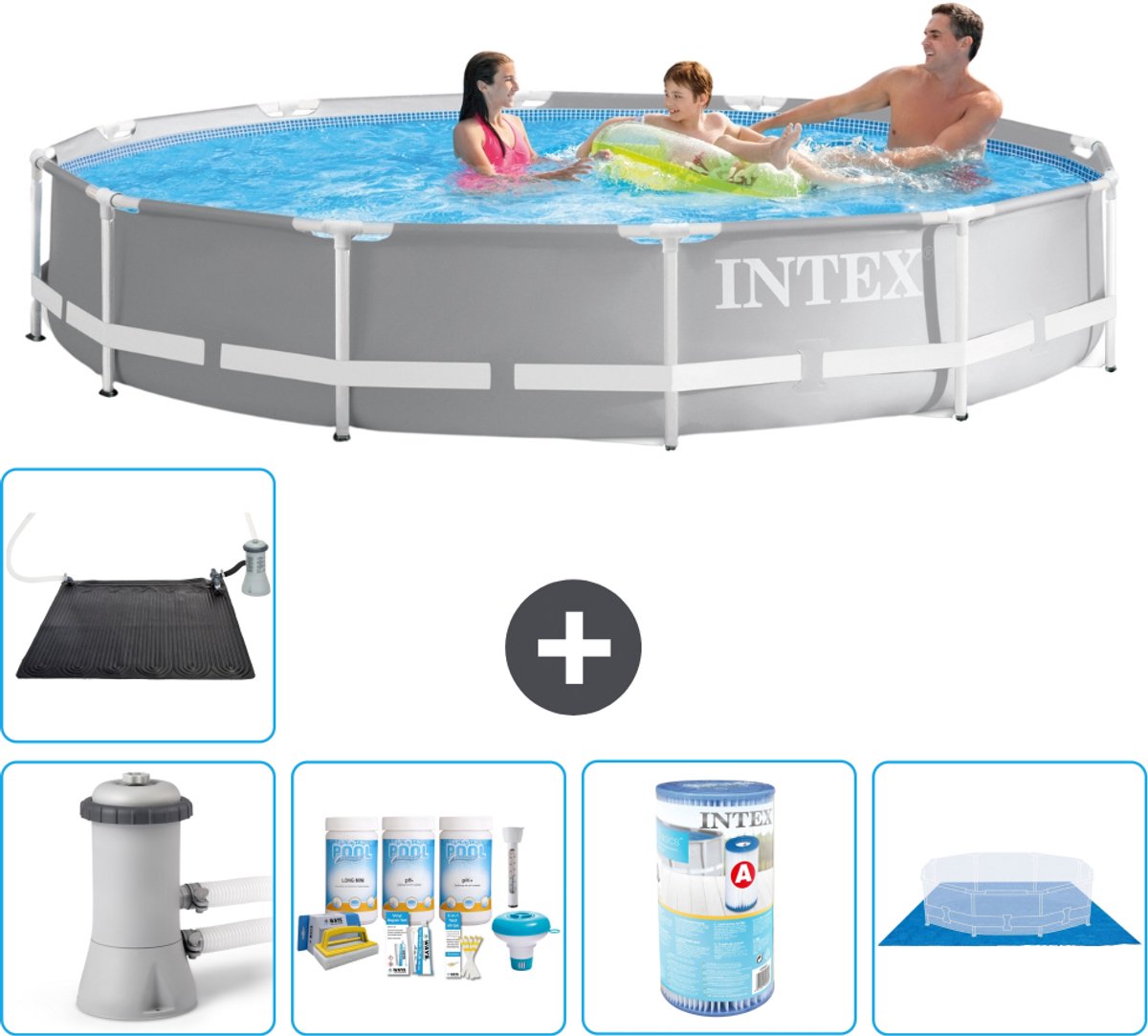 Intex Rond Prism Frame Zwembad - 366 x 76 cm - Grijs - Inclusief Pomp - Onderhoudspakket - Filter - Grondzeil - Solar Mat - 6-delig