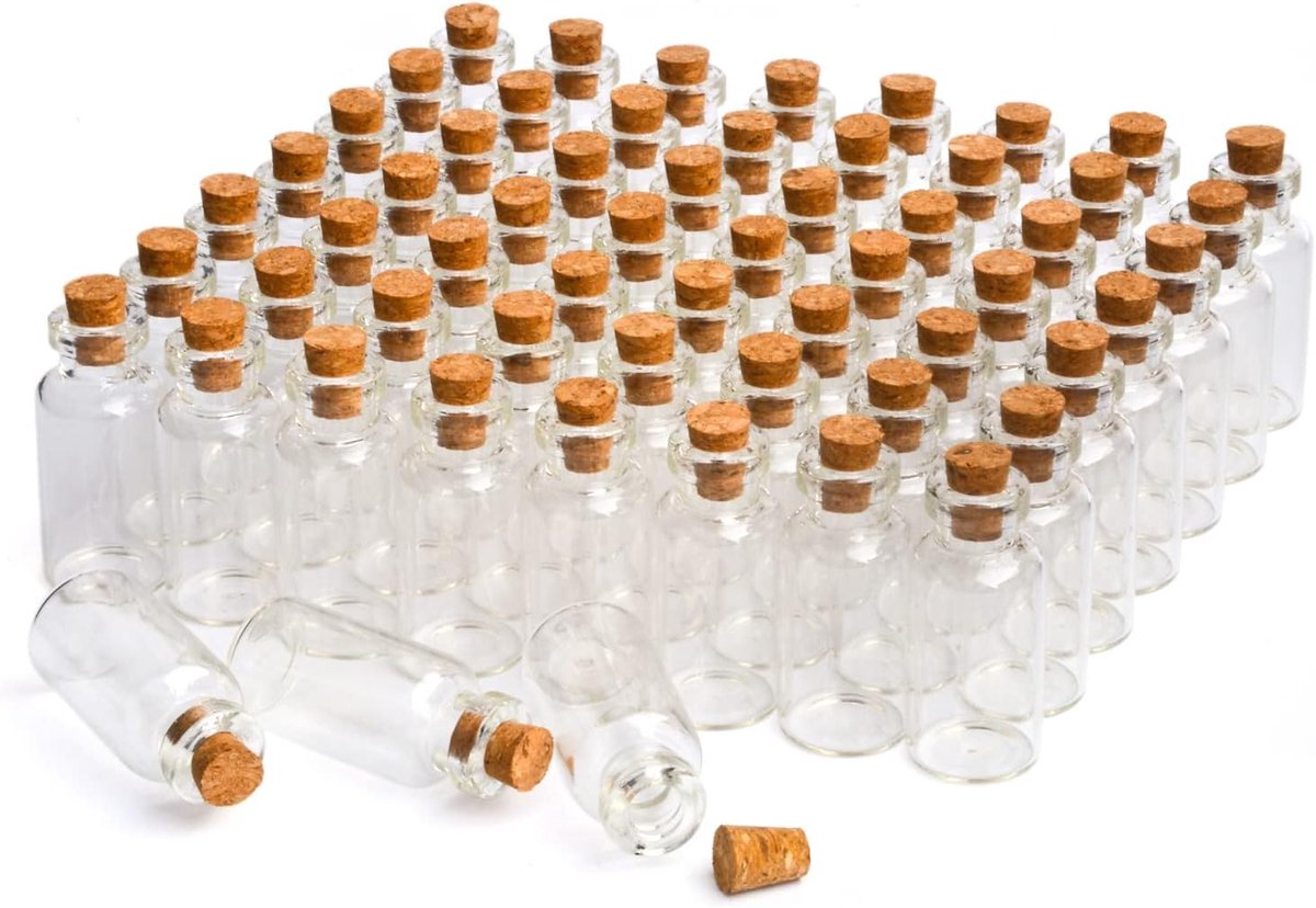 SnelShoppen - Set van 100 Mini Glazen Flessen 5ml met Kurken Sluiting voor Trouwen, Feest, Dragees, Doopsuiker, DIY Projecten