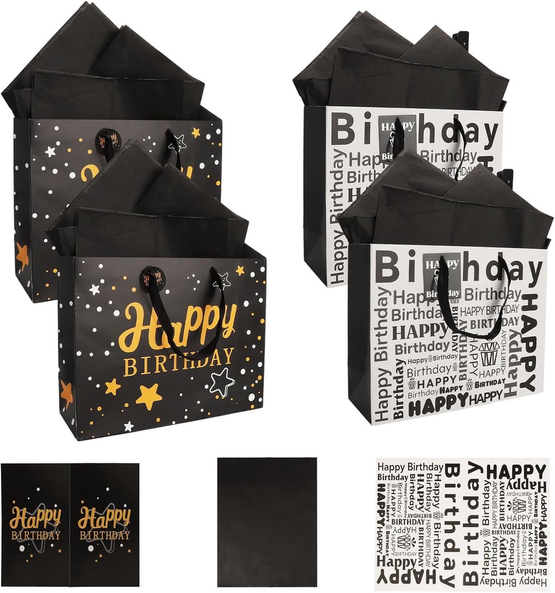 SnelShoppen - 4 stuks luxe geschenkzakjes voor verjaardag 33x26x12 cm, zwart-wit en zwart-goud met zijdepapier, wenskaarten en draaggreep voor feestel