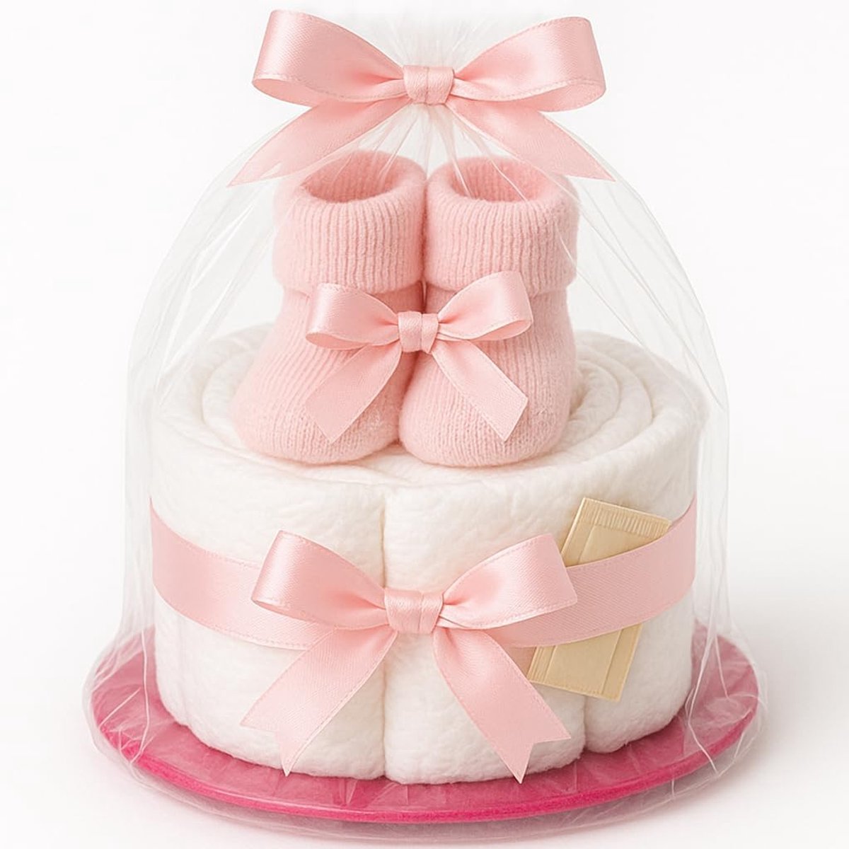 Luiertaart meisje in roze met babysokken, inclusief wenskaart