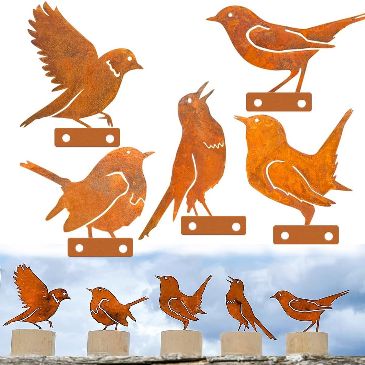 SnelShoppen - Rusty Birds Tuin Decoratie - 5 Stuks Edelrost Metaal Vogels voor Buiten - Unieke Tuin, Patio, Park, Omheining en Boom Decoratie