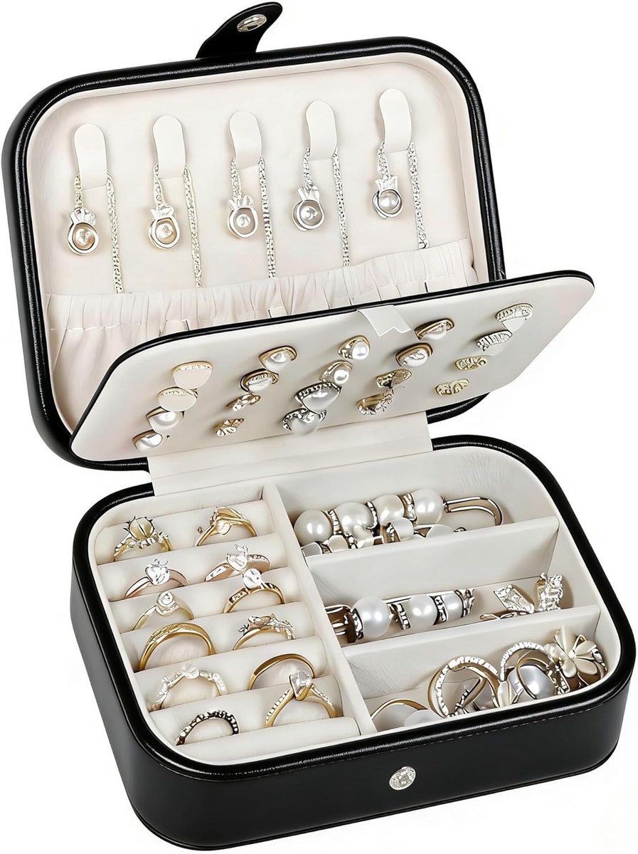 SnelShoppen - Luxe Sieradenopbergdoos, PU Opbergdoos voor Sieraden, Kleine Reisdoos voor Vrouwen en Meisjes, Zwart, 2 Niveaus, Perfect voor Kettingen,
