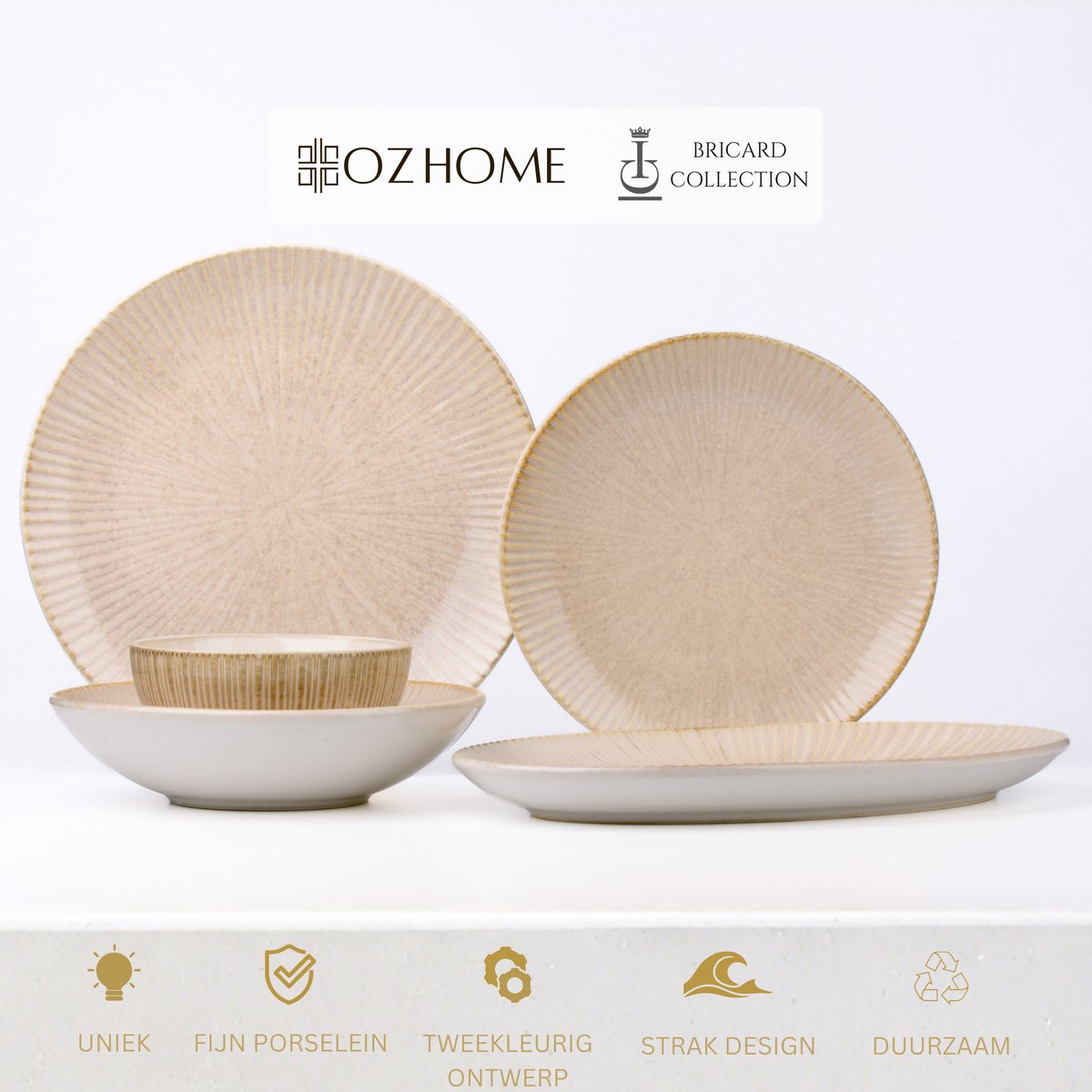 OZ Home Bricard Amilly Serviesset - 25-delig - Crème Porseleinen Servies voor 6 Personen - Bordenset met Groefreliëf en Ovale Serveerschaal